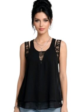 YA Los Angeles Black Lace Cutout Sleeveless Sheer Chiffon Blouse Size L